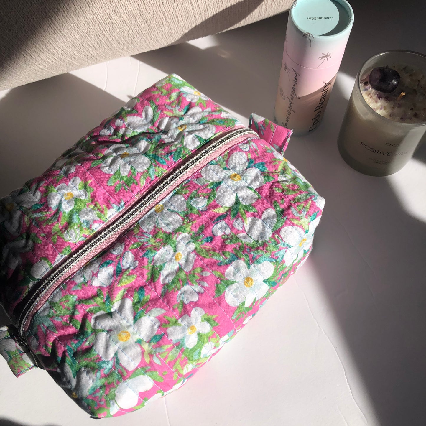 Updo Quilted Floral Cosmetic Bag